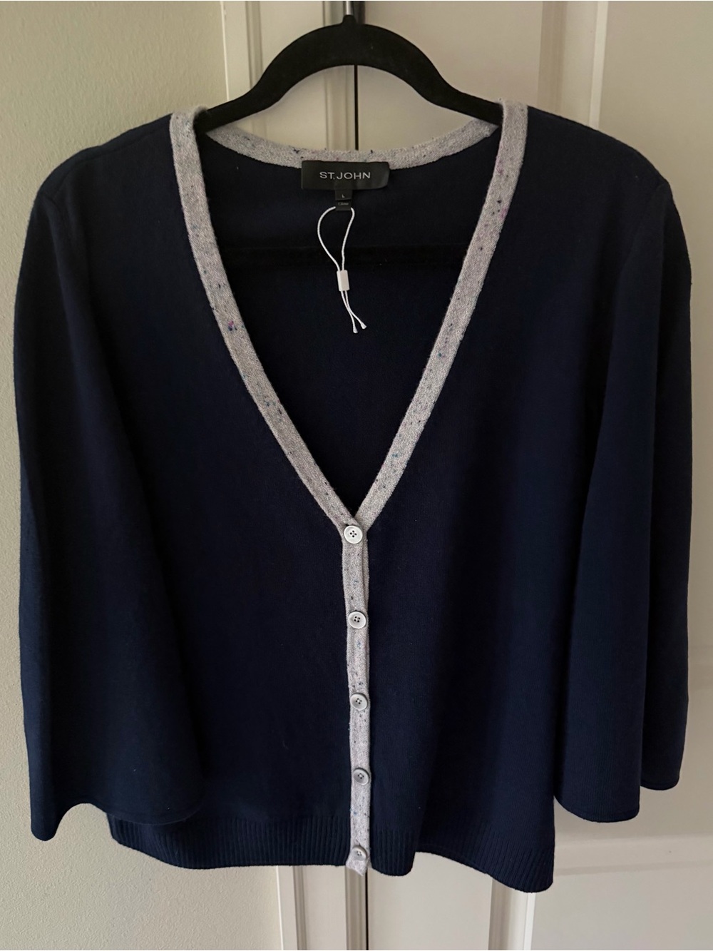 St. John Navy Cashmere Cape Cardigan with Light Gray Trim size large